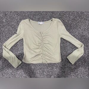 Pink Republic Sage Green Crop Ribbed Long Sleeve Button Front Top – Size M